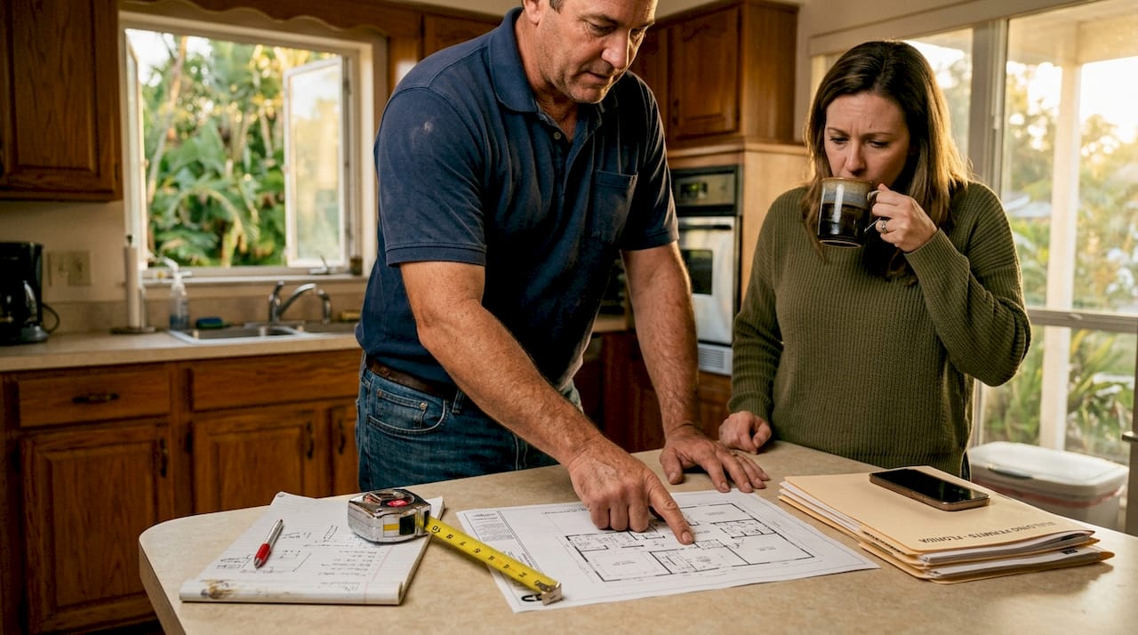 Contractor and homeowner reviewing a floor plan