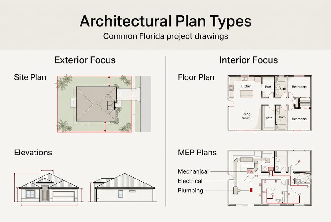 Infographic with types of architectural plans in Florida
