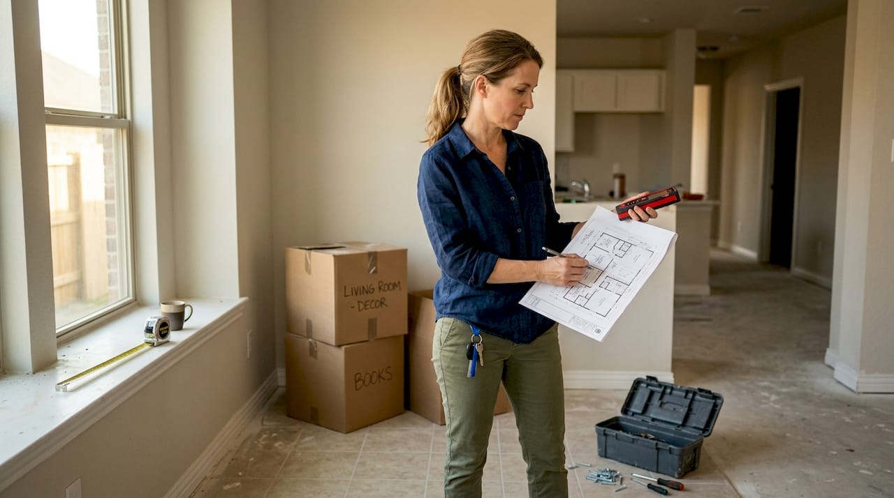 Designer measuring floor plan with tools