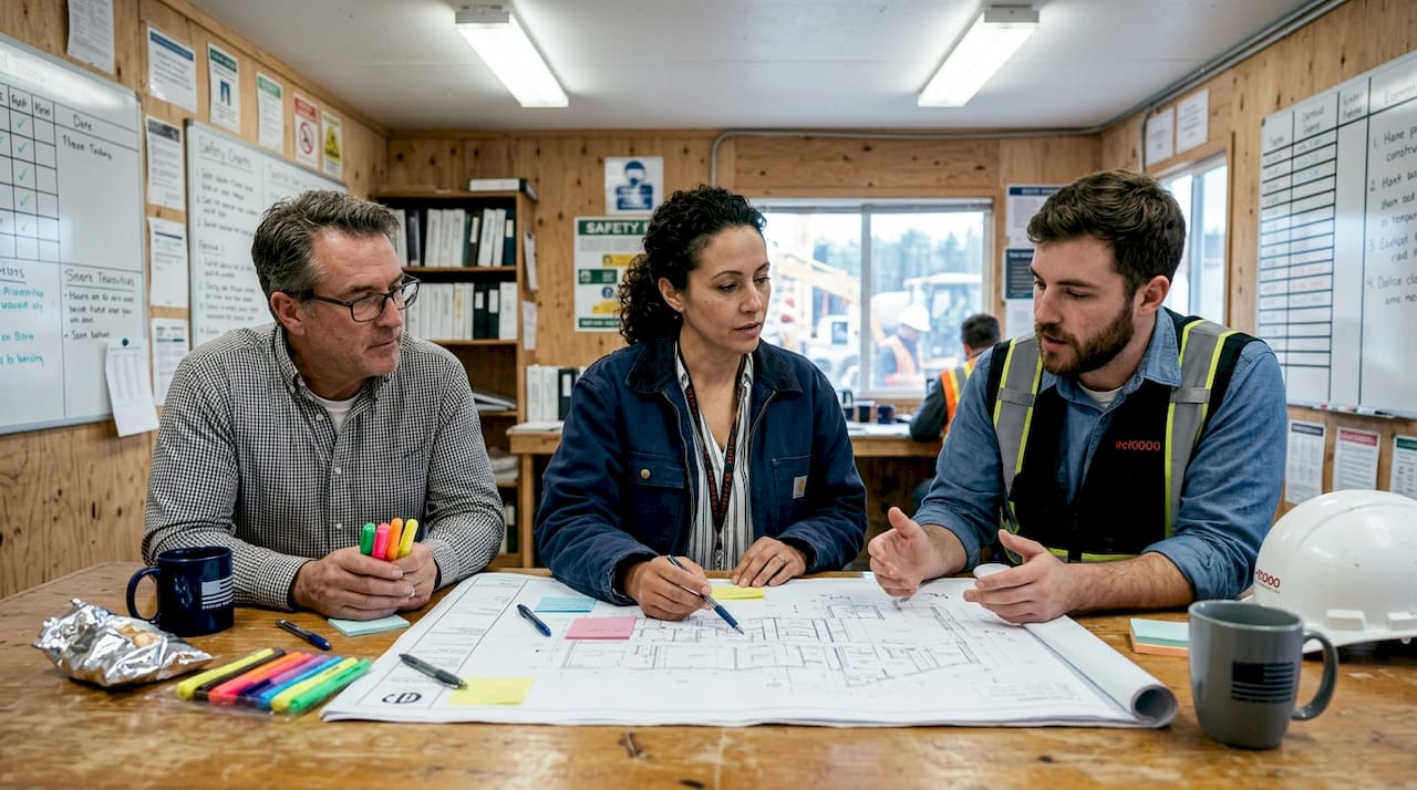 Team reviewing different blueprint types at site office