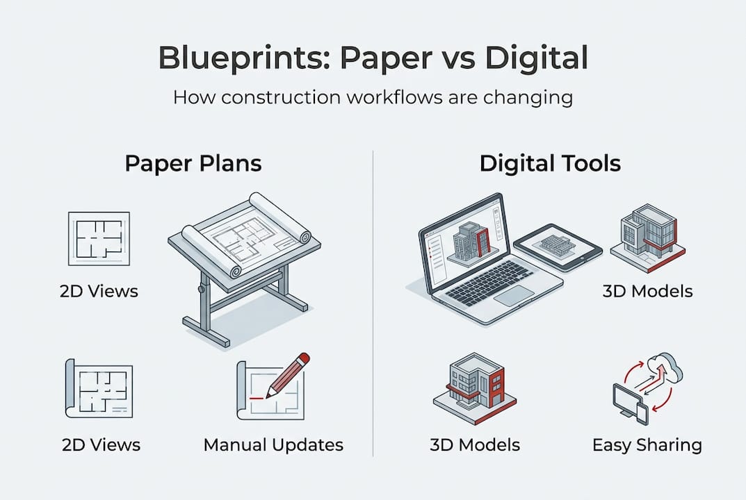 Infographic comparing paper and digital blueprint tools