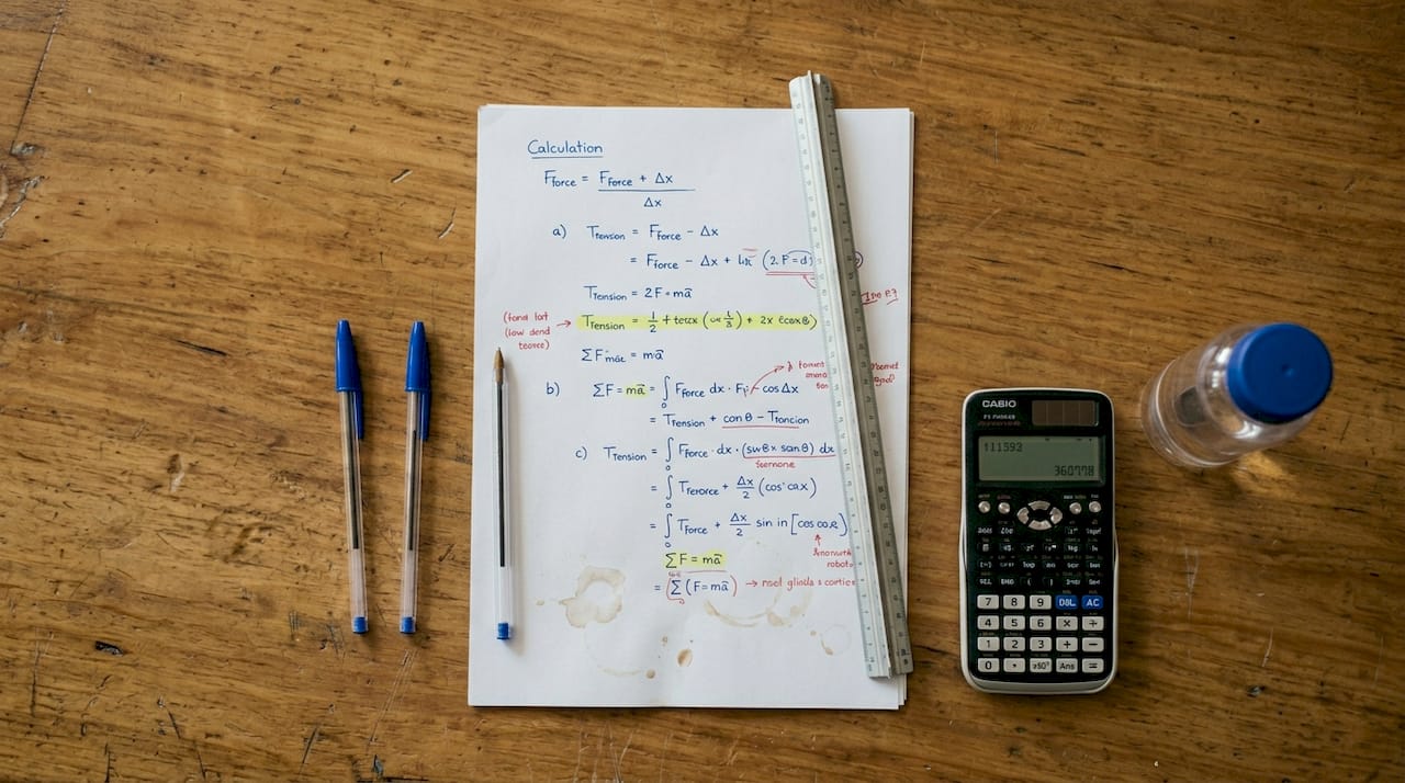 Hand-annotated engineering calculation sheet with ruler