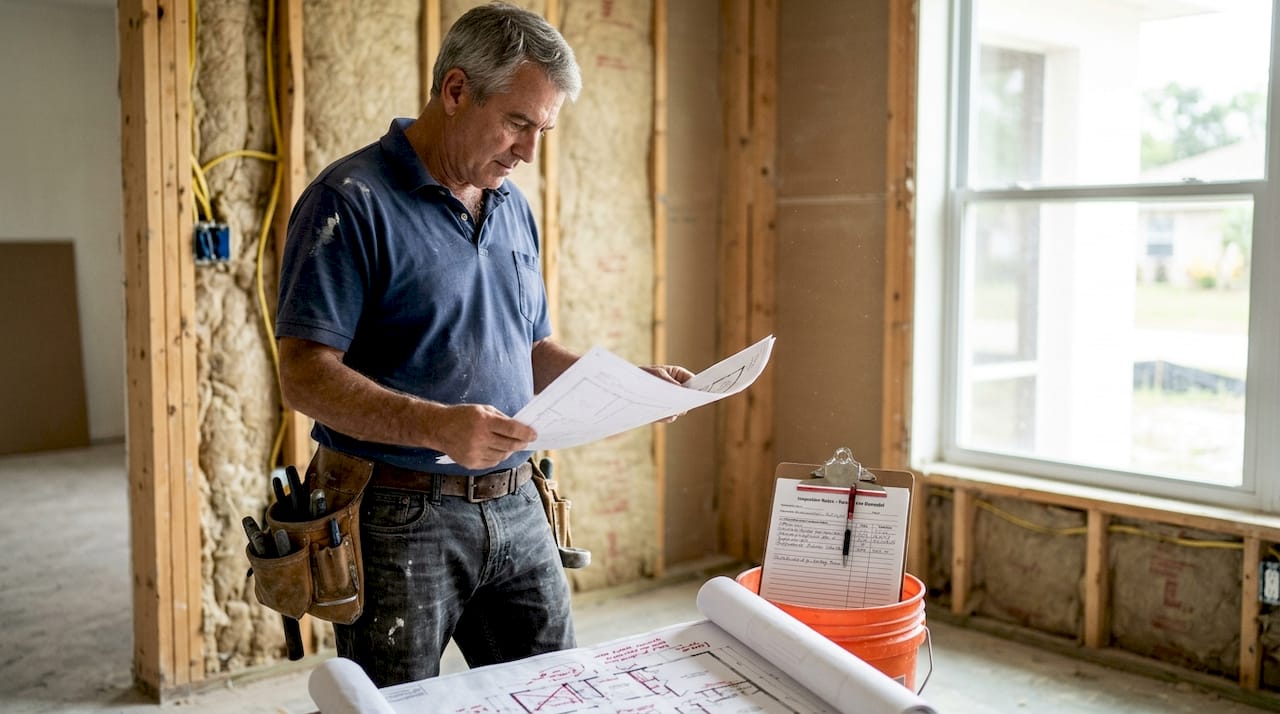 Contractor checking floor plan against demo wall