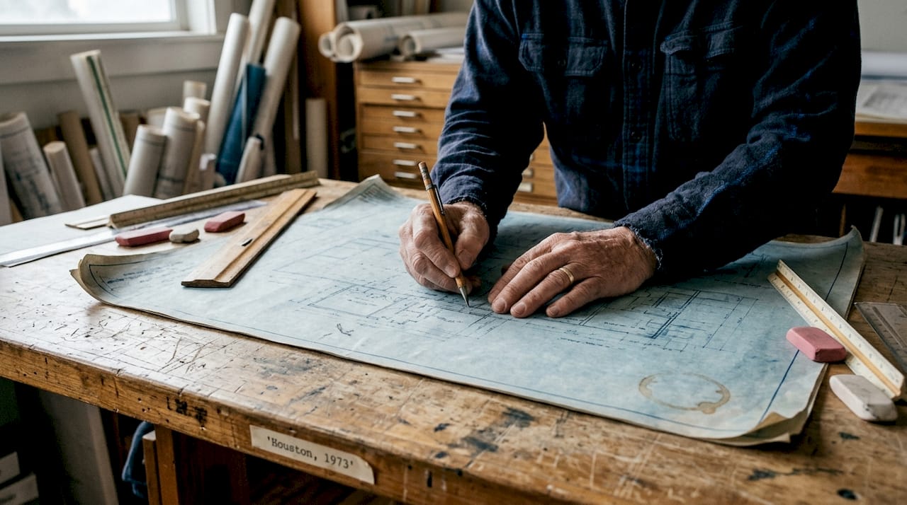 Draftsman works on historic blueprint in studio