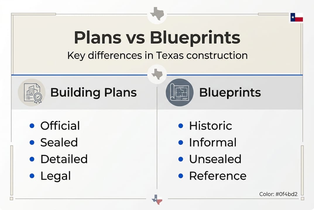Infographic comparing plans and blueprints in Texas