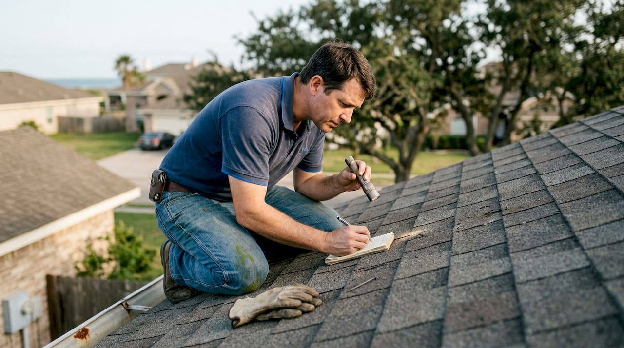 Inspector checking roof shingles in Texas