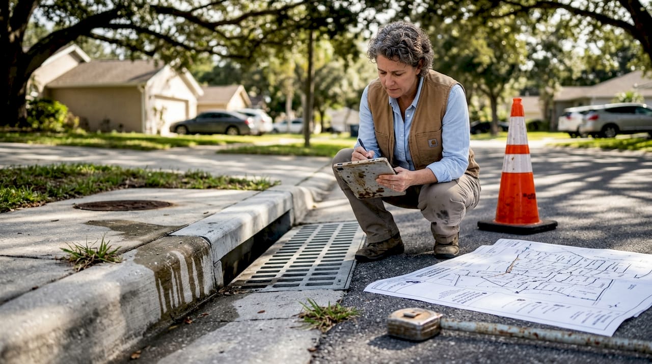 Engineer inspects drainage on Florida street