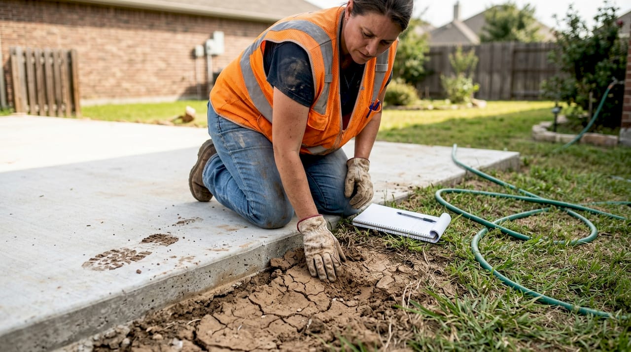 Worker inspecting clay soil next to house foundation
