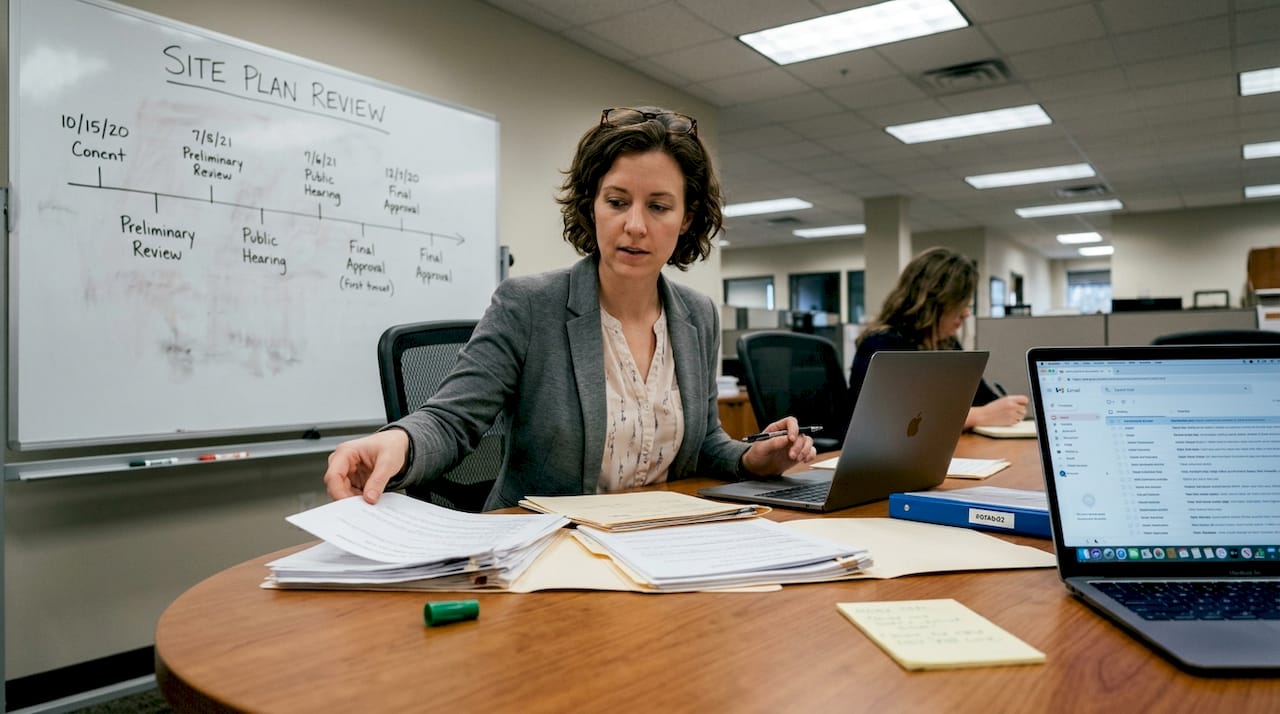 City planner sorting site plan paperwork
