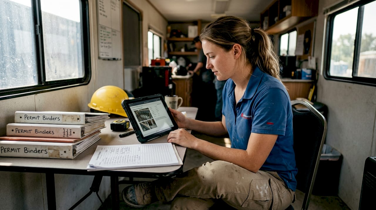 Engineer checking inspection software in project trailer