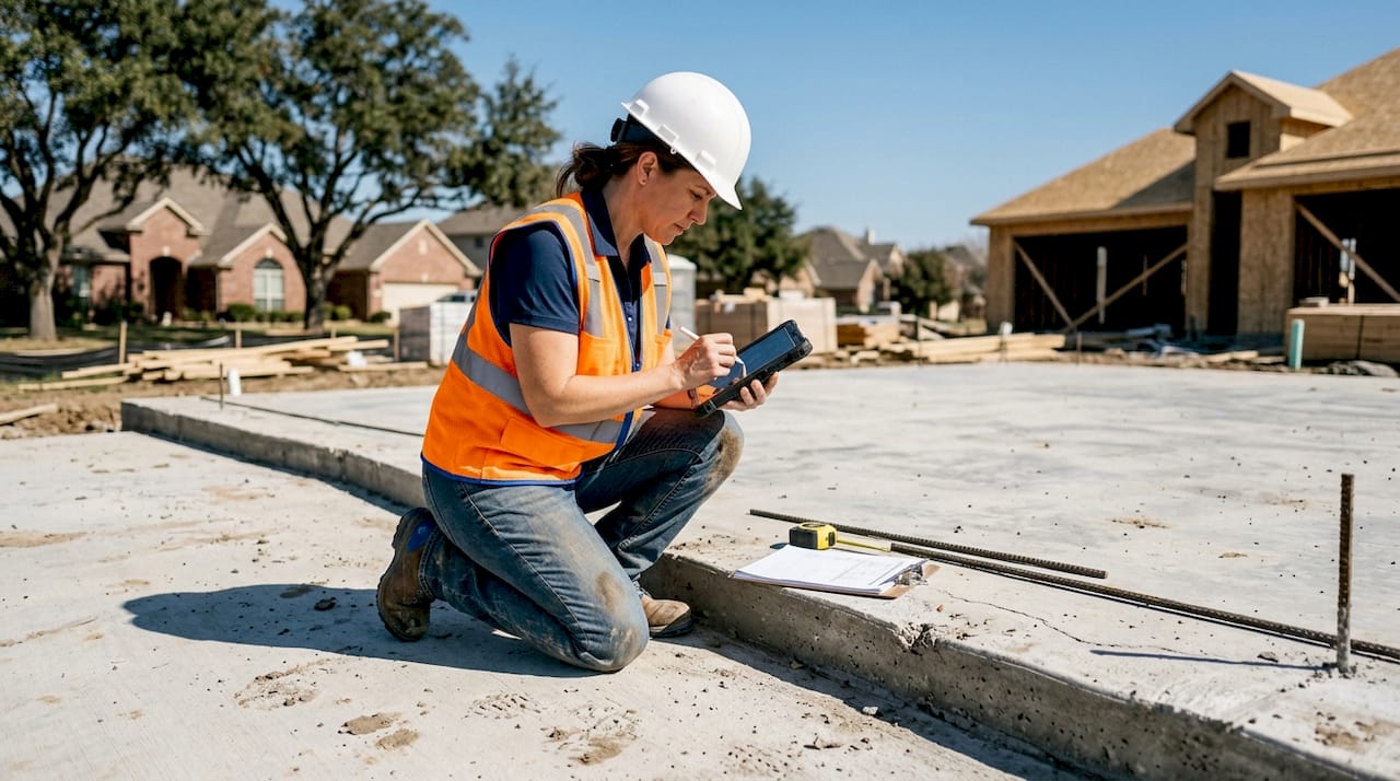 Engineer checks calculations at home foundation site