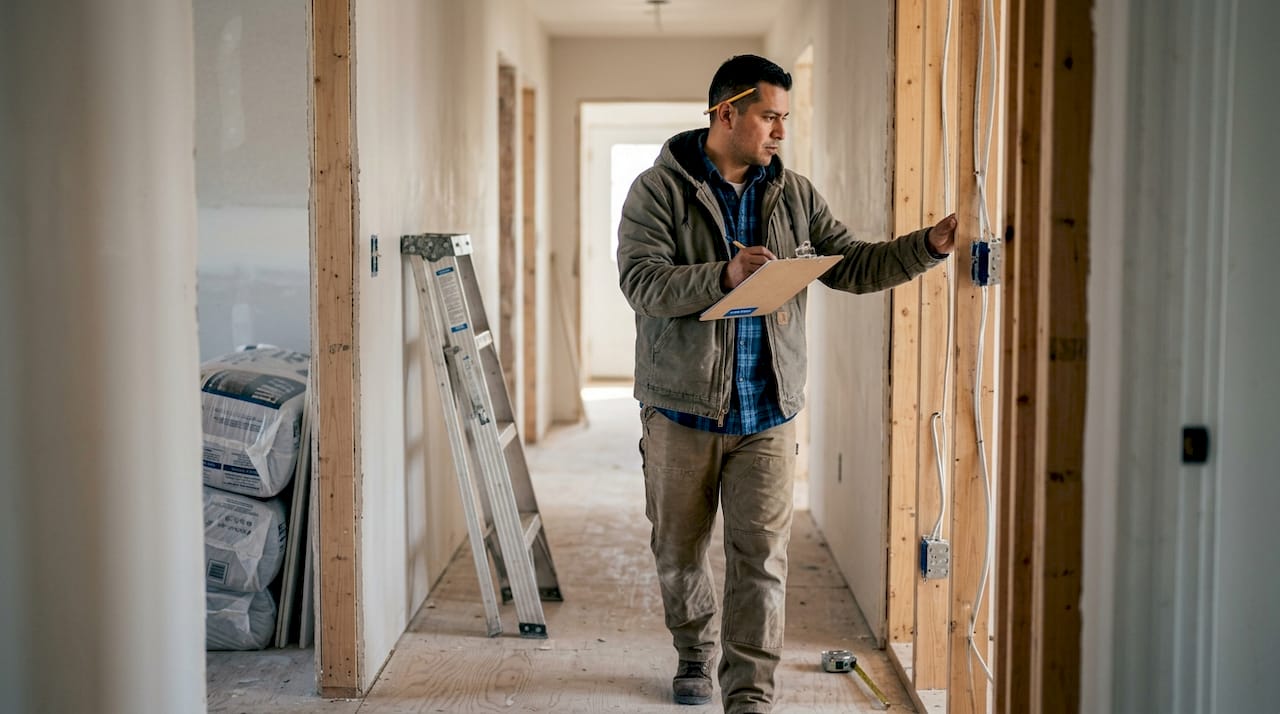 Contractor reviewing hallway framing inspection site