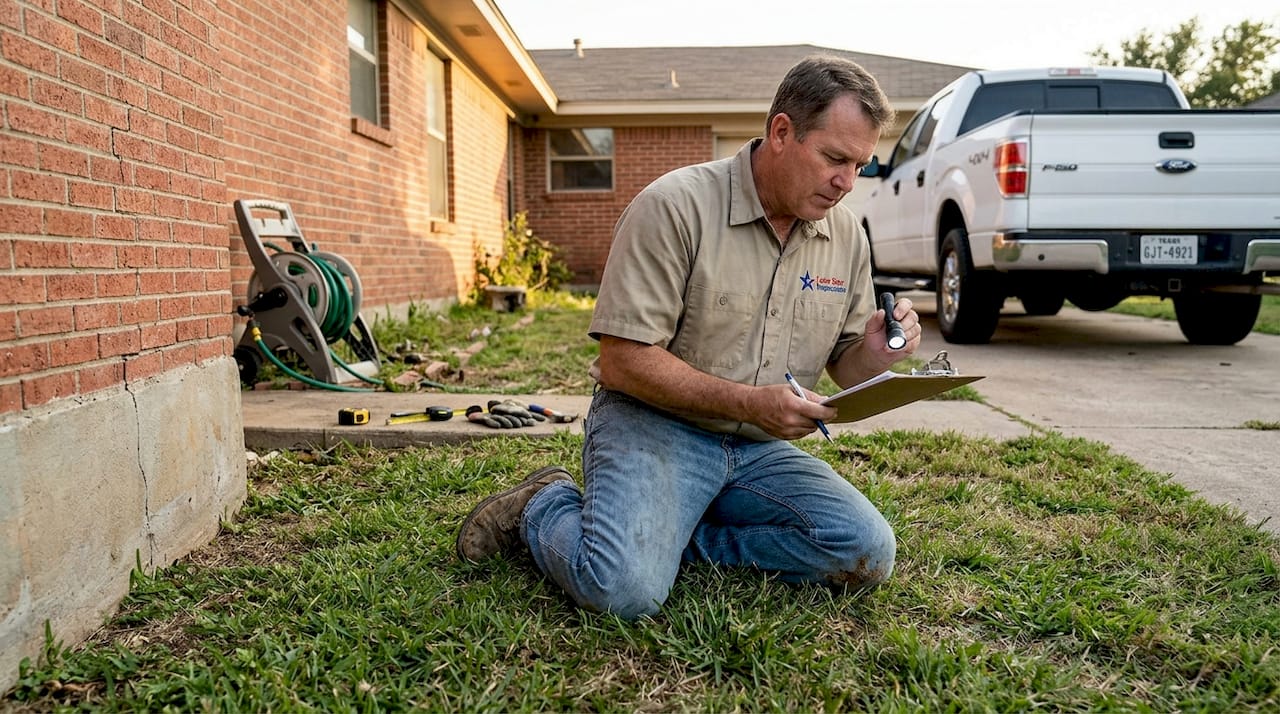 Inspector checking home foundation in Texas yard