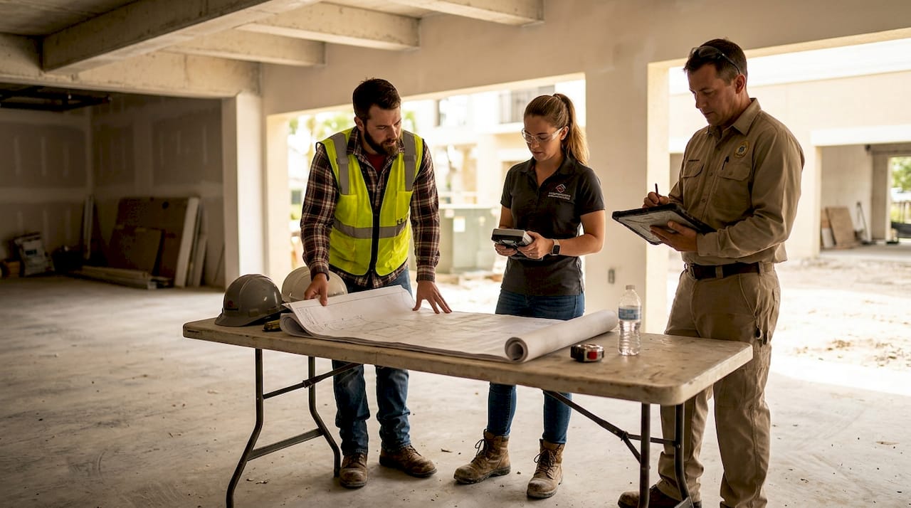 Engineering team meeting in parking garage
