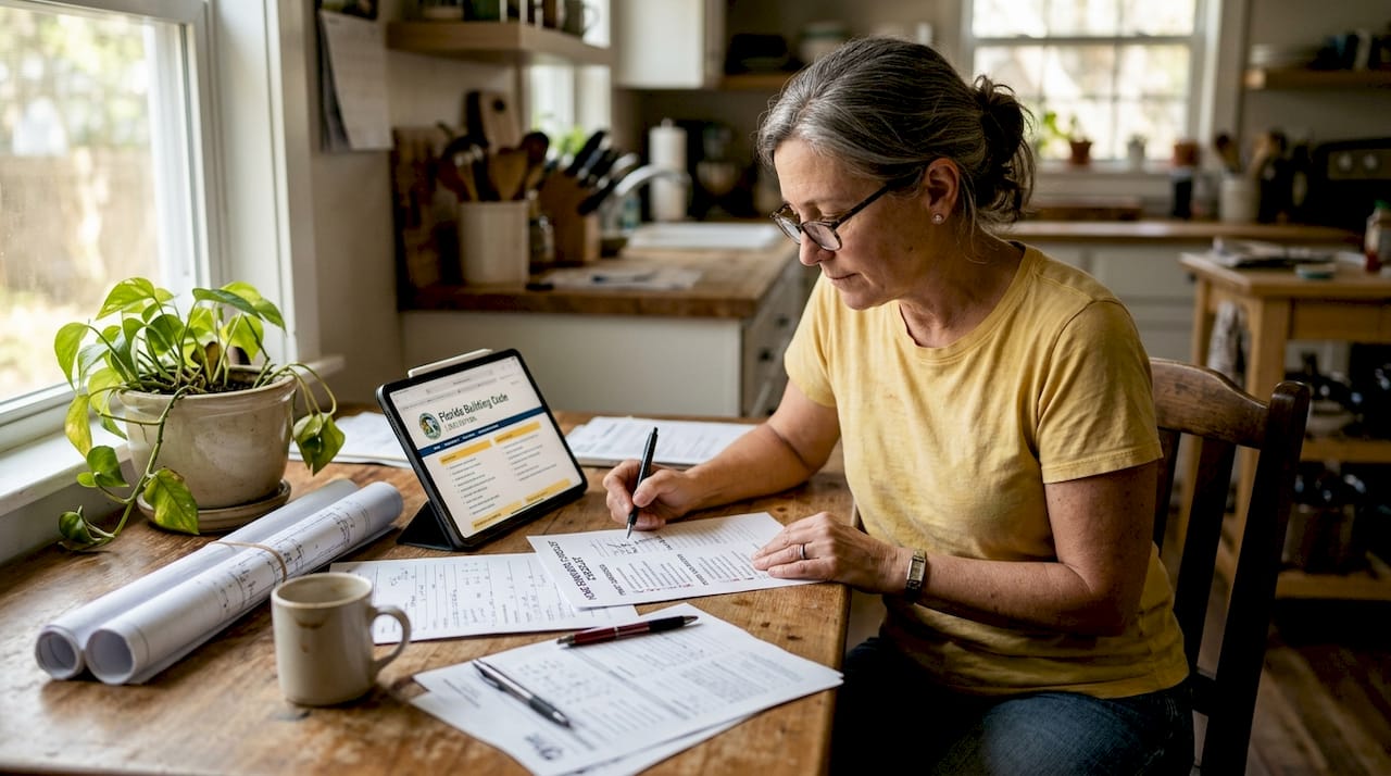 Homeowner reviewing blueprint checklist