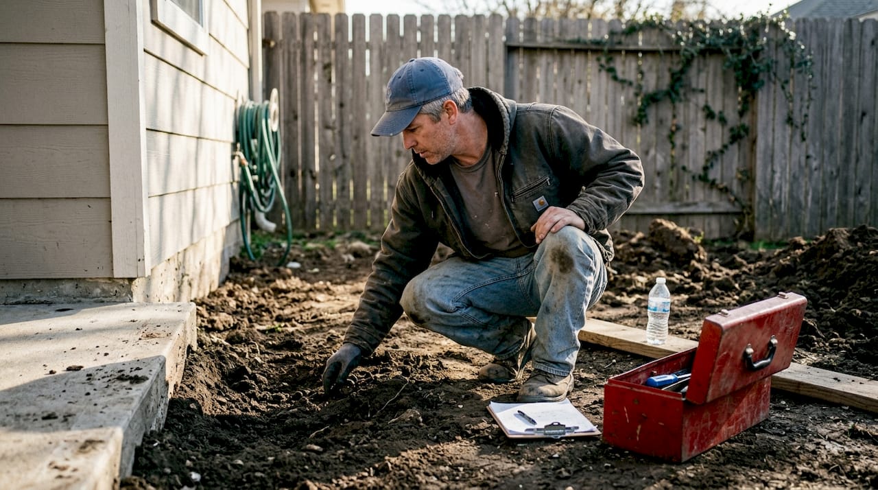 Contractor inspects foundation and soil in backyard
