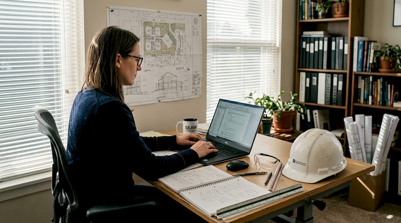 Engineer calculating wind loads at drafting table