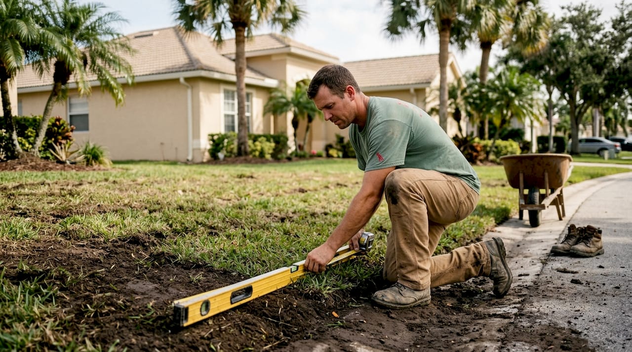 Contractor checks lawn grading slope outdoors