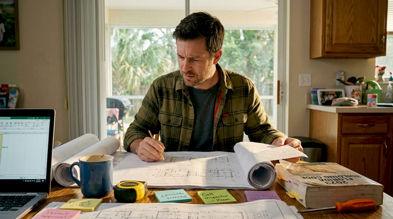 Homeowner reading engineered construction drawings