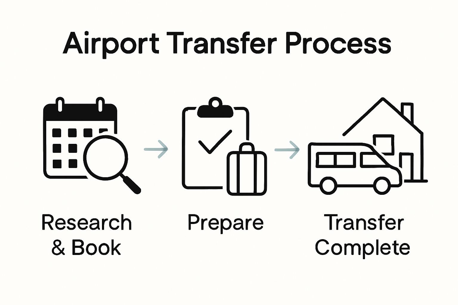 Three-step airport transfer process infographic showing booking, preparing, arriving