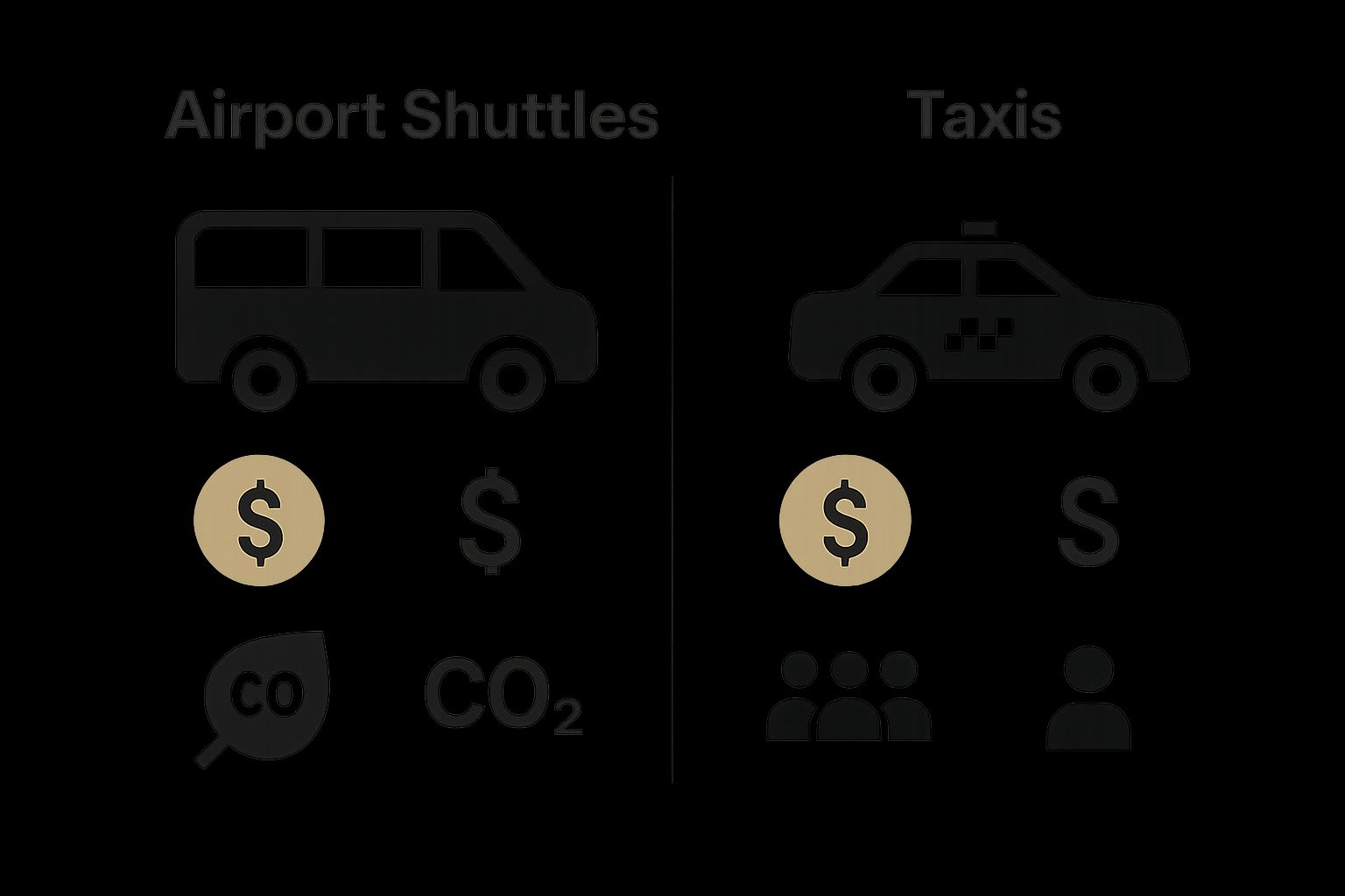 Infographic comparing airport shuttle and taxi average cost, emissions, and passengers