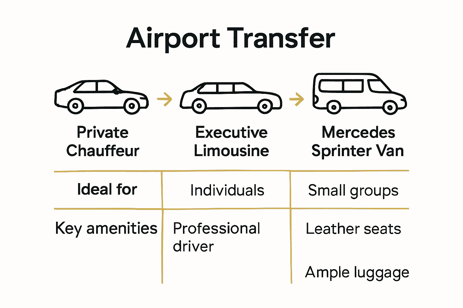 Infographic comparing upscale airport transfer vehicle options and key amenities.