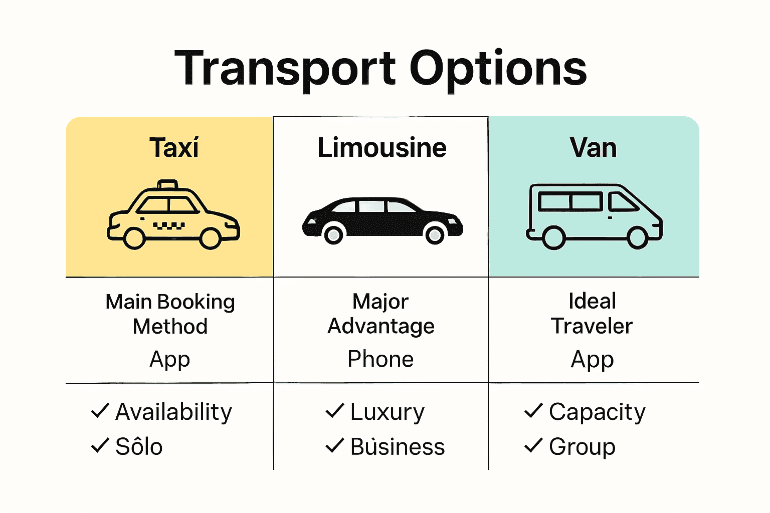 Infographic comparing airport pickup service types by booking method, advantage, and ideal traveler