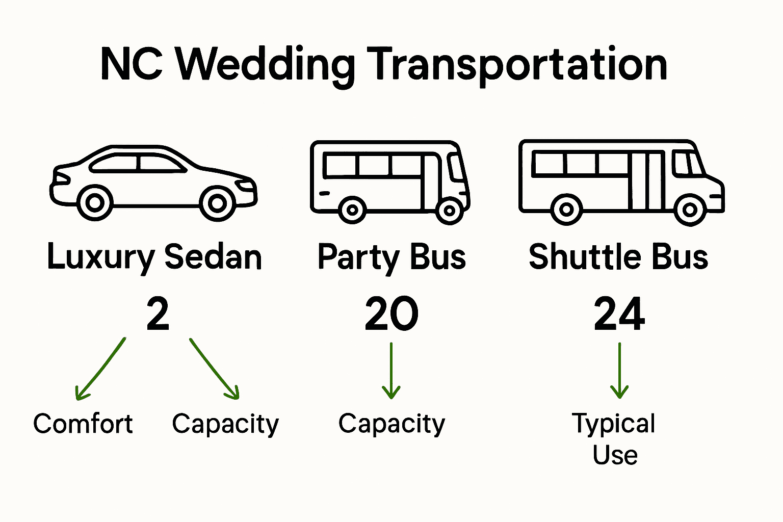 Infographic comparing luxury sedan, party bus, and shuttle bus for NC weddings.