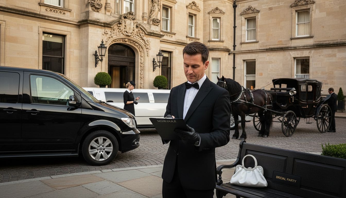 Diverse wedding vehicles at hotel valet