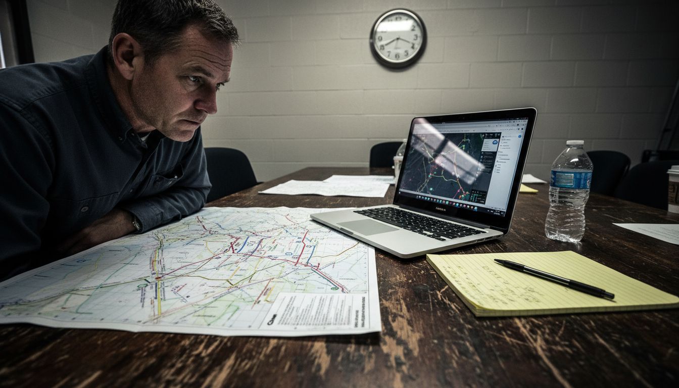 Manager planning shuttle route with maps and laptop