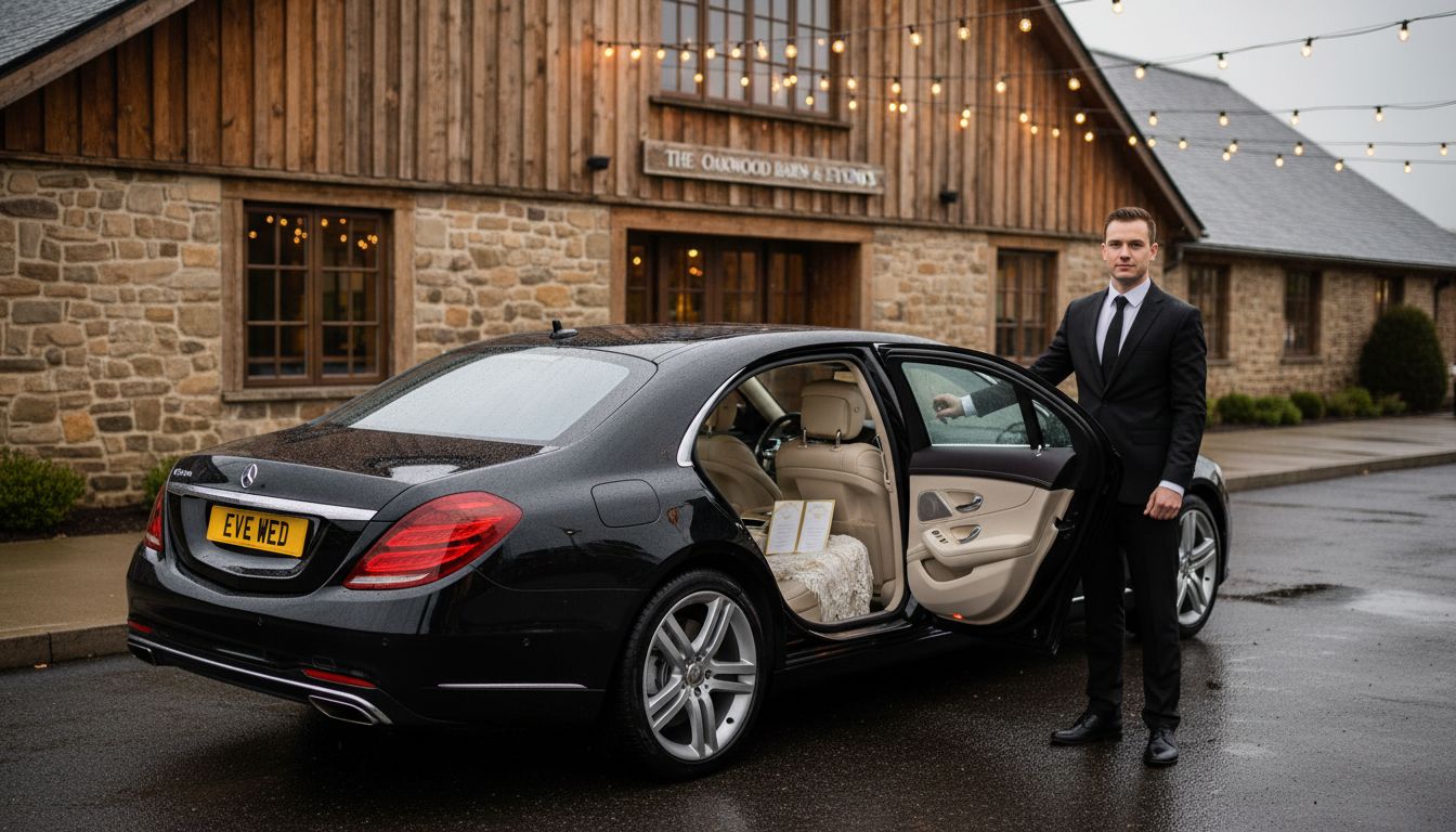 Chauffeur opening sedan door for wedding transport