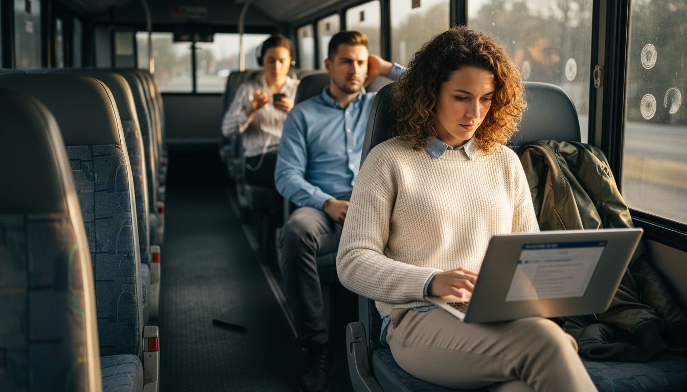 Employees riding inside corporate shuttle