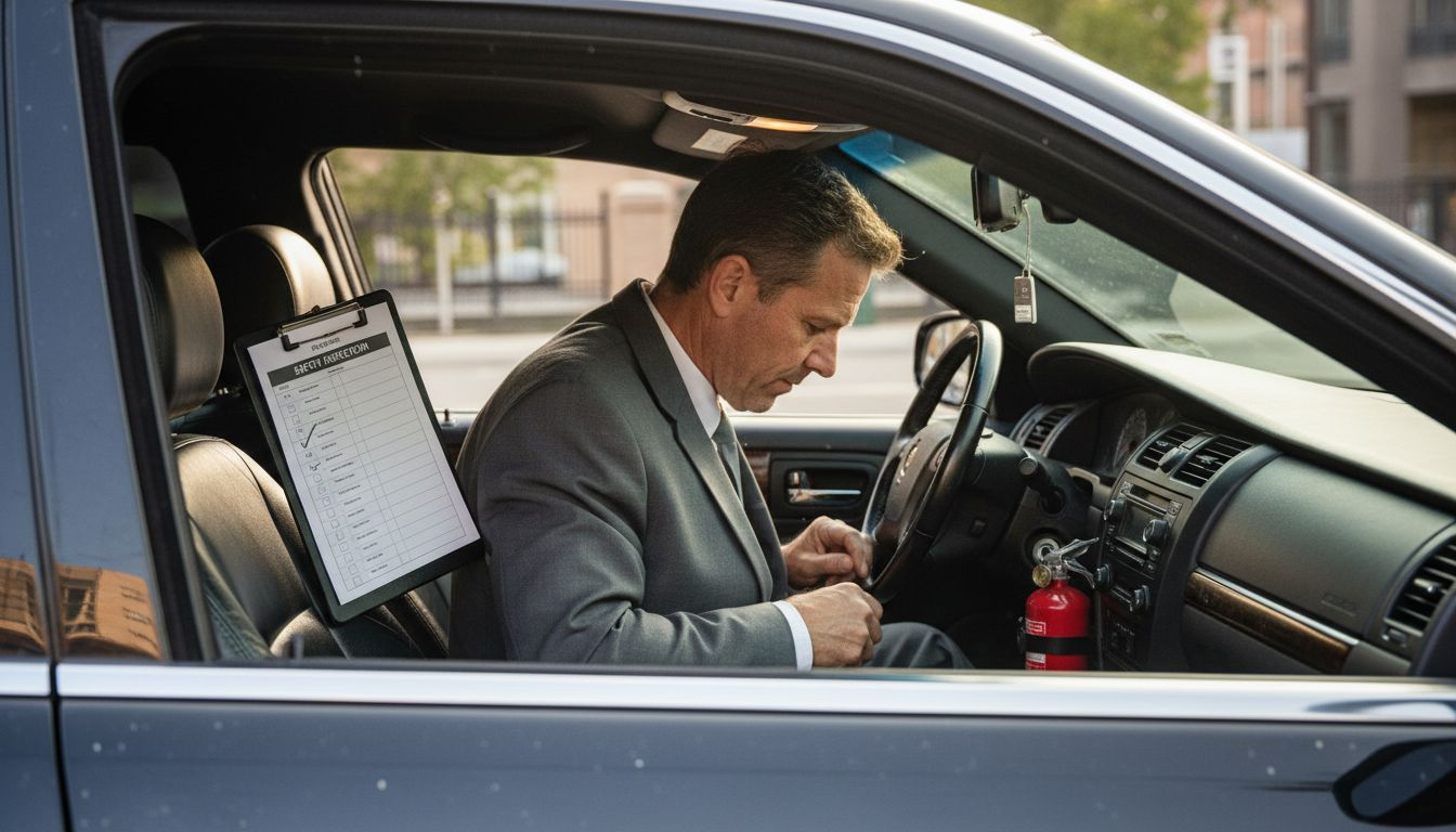 Chauffeur securing seatbelt beside safety checklist