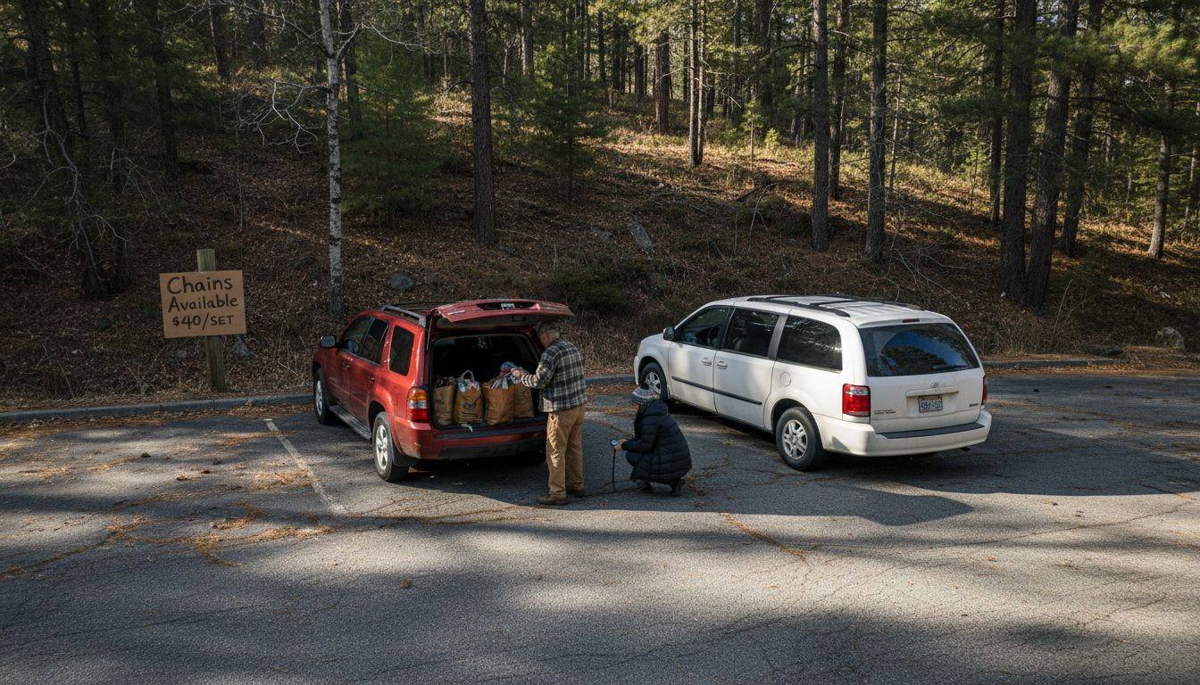 SUVs parked in mountain lot with locals