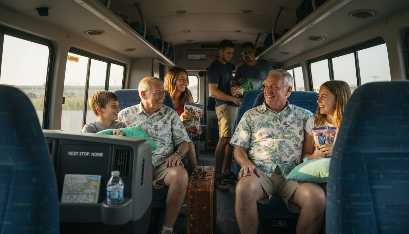 Family inside airport shuttle van