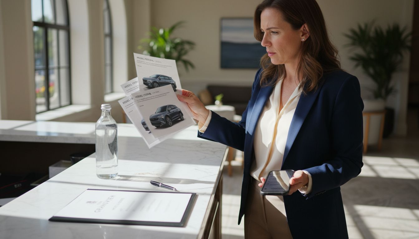 Woman evaluating chauffeur service vehicle options