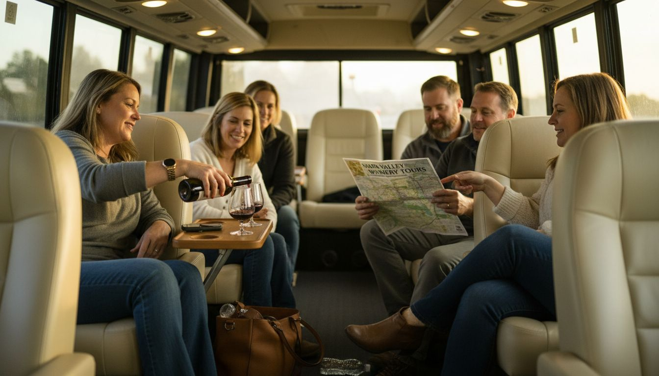 Group enjoying wine tour shuttle interior