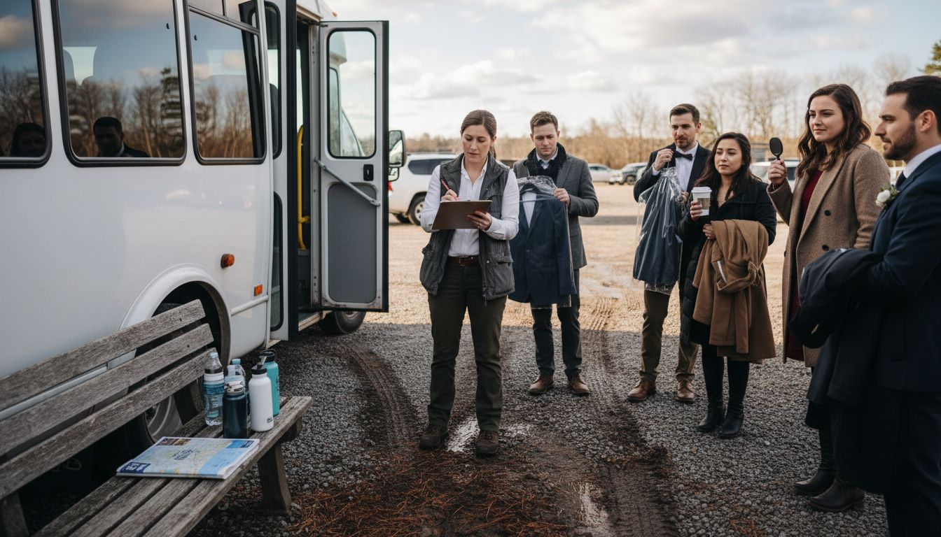 Planner coordinating wedding shuttle with guests waiting