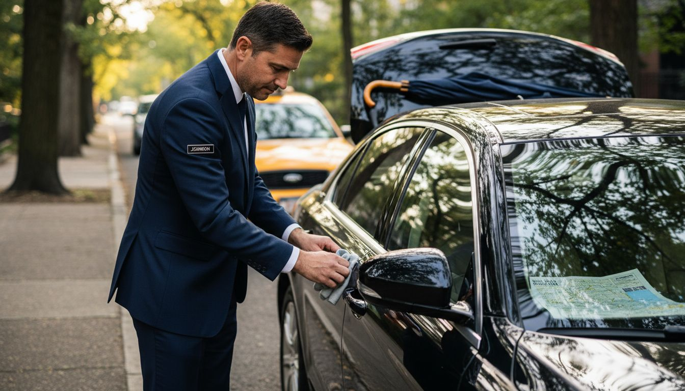 Chauffeur cleans livery vehicle beside waiting taxi
