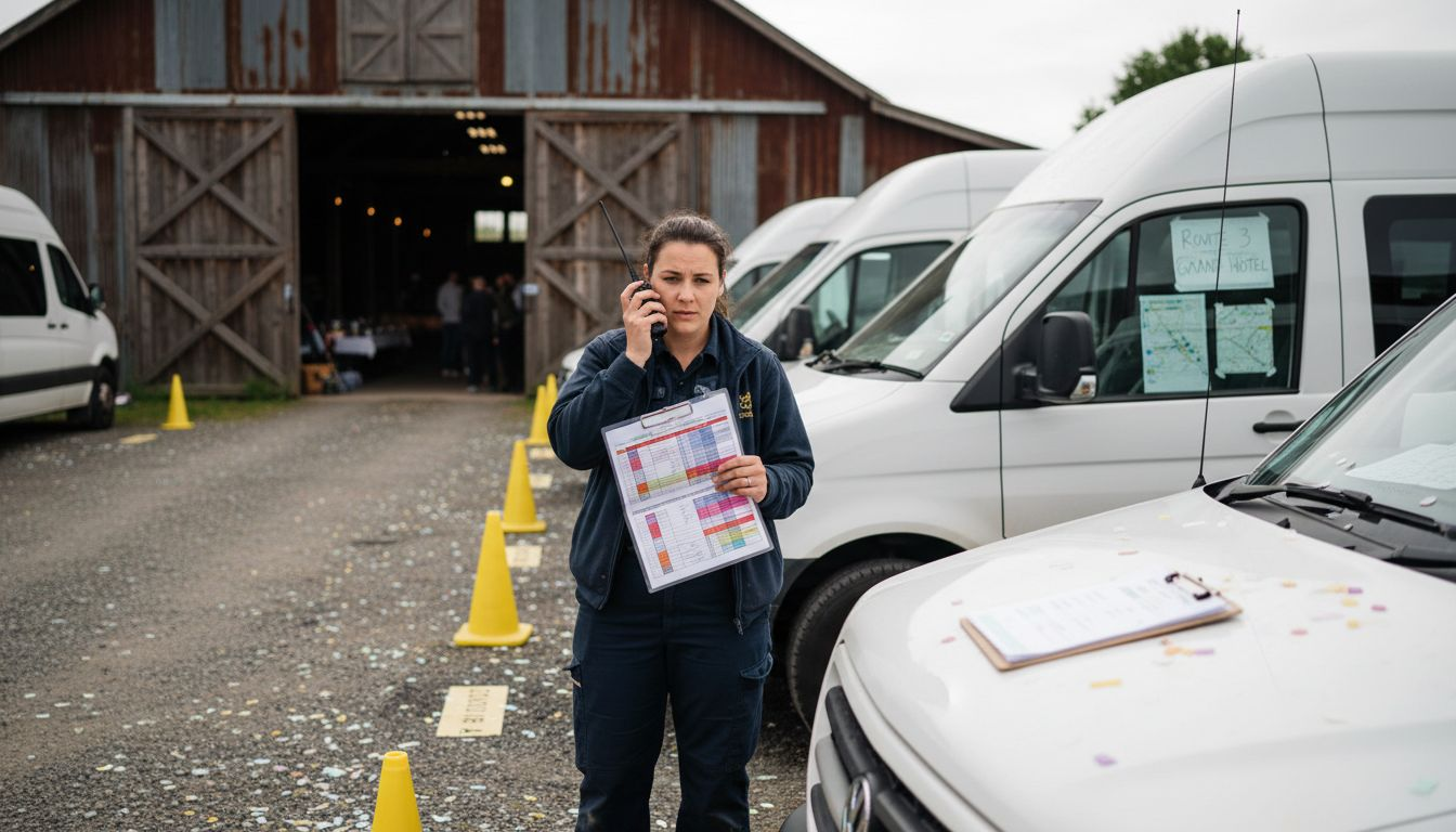 Coordinator organizing wedding shuttle vans backstage