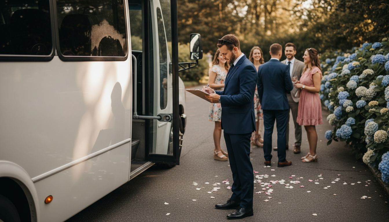 Chauffeur welcoming guests onto wedding shuttle