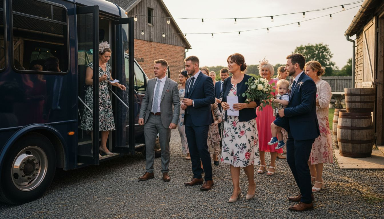 Guests boarding shuttle bus at barn wedding
