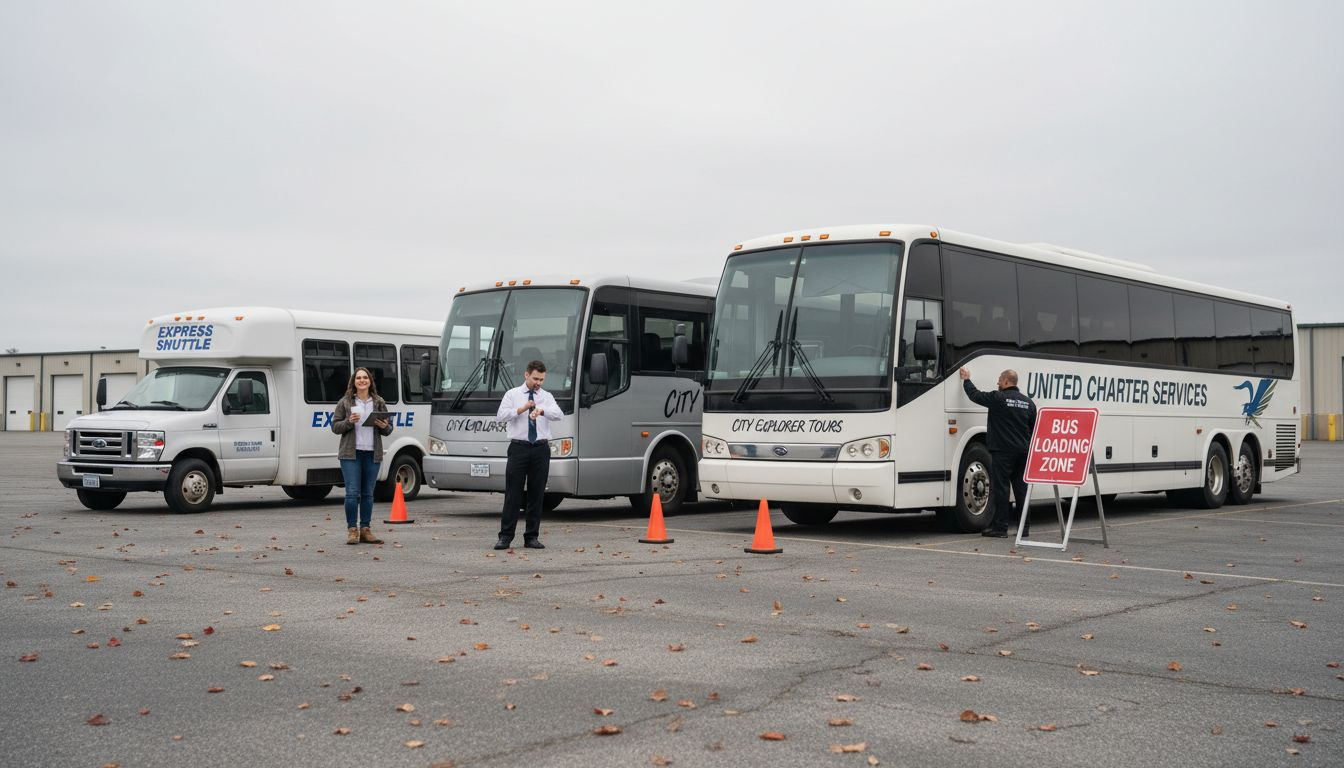 Drivers with lineup of various shuttle buses