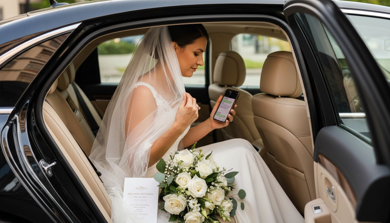 Bride inside luxury car adjusting veil