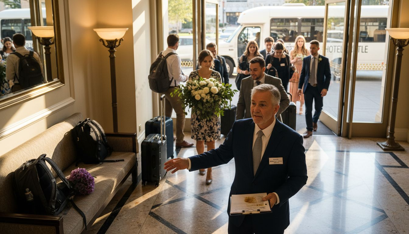Coordinator directing wedding guests to shuttle