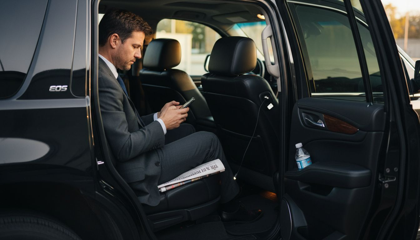 Traveler in luxury SUV back seat with phone