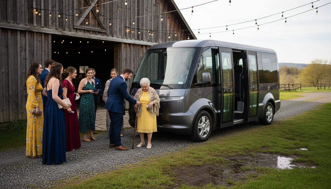 Guests boarding electric shuttle for wedding