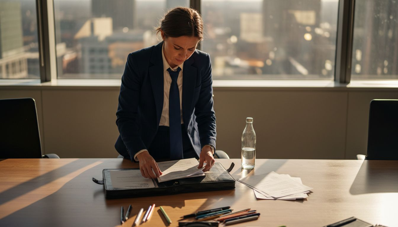Chauffeur sorting certifications at conference table