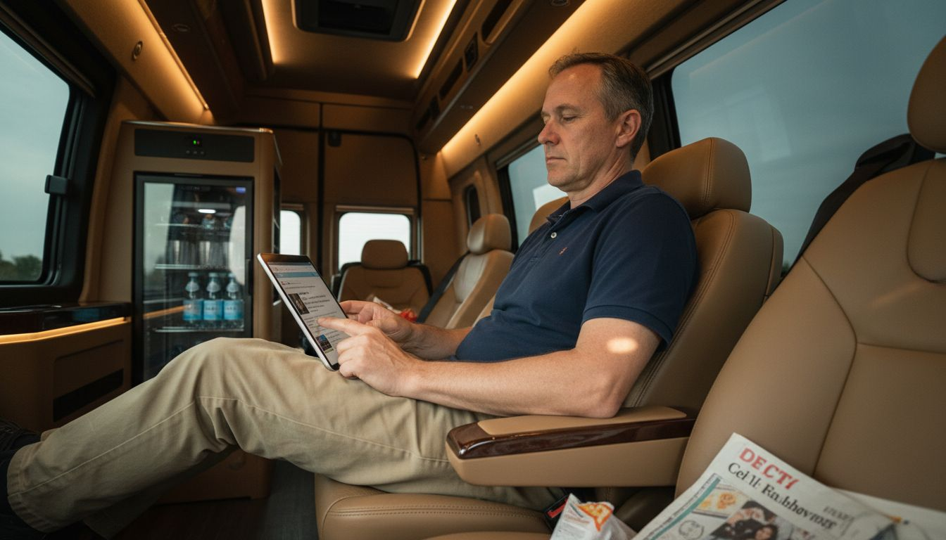 Passenger uses tablet in luxury van interior