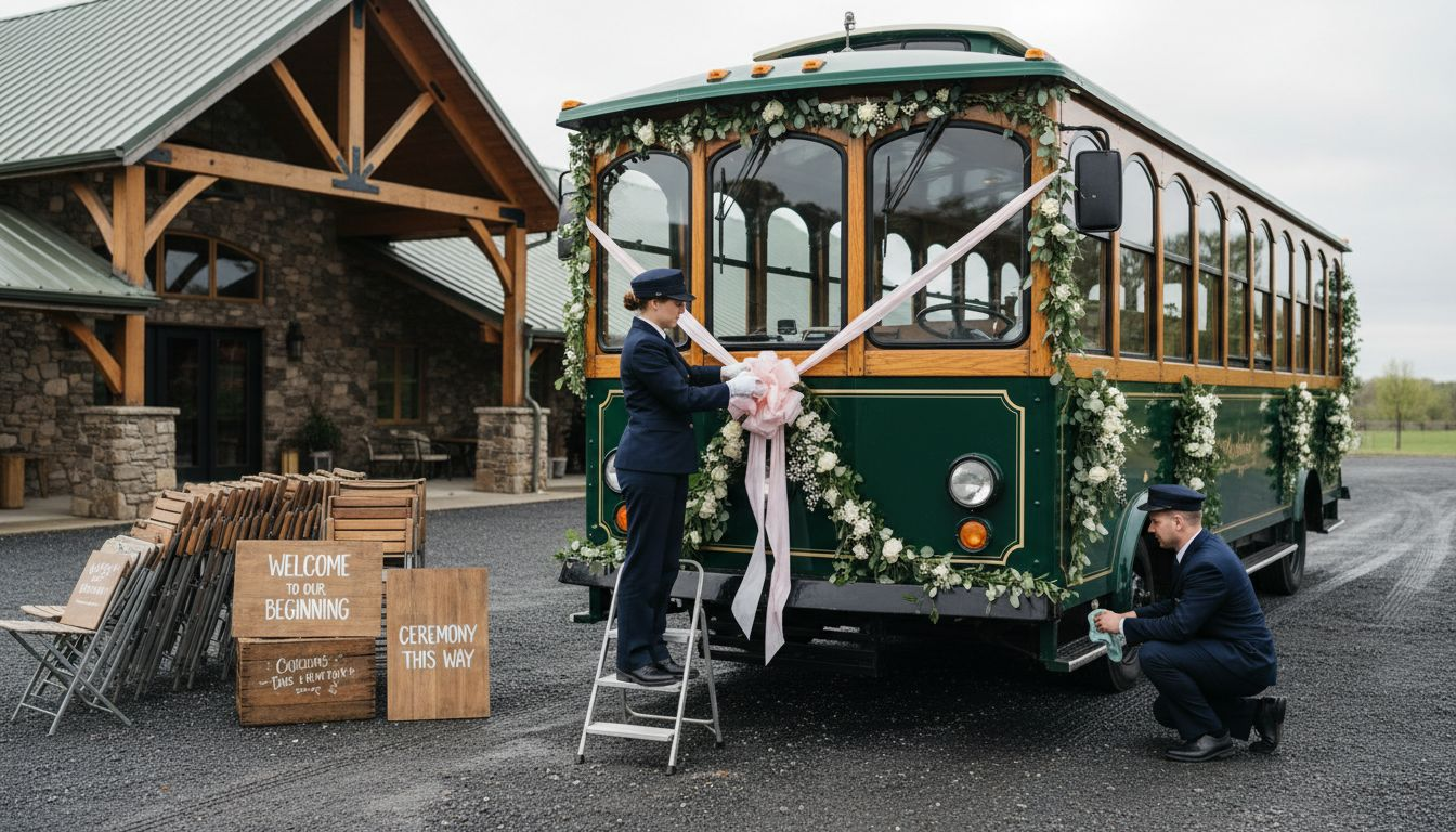 Drivers customizing wedding trolley decorations